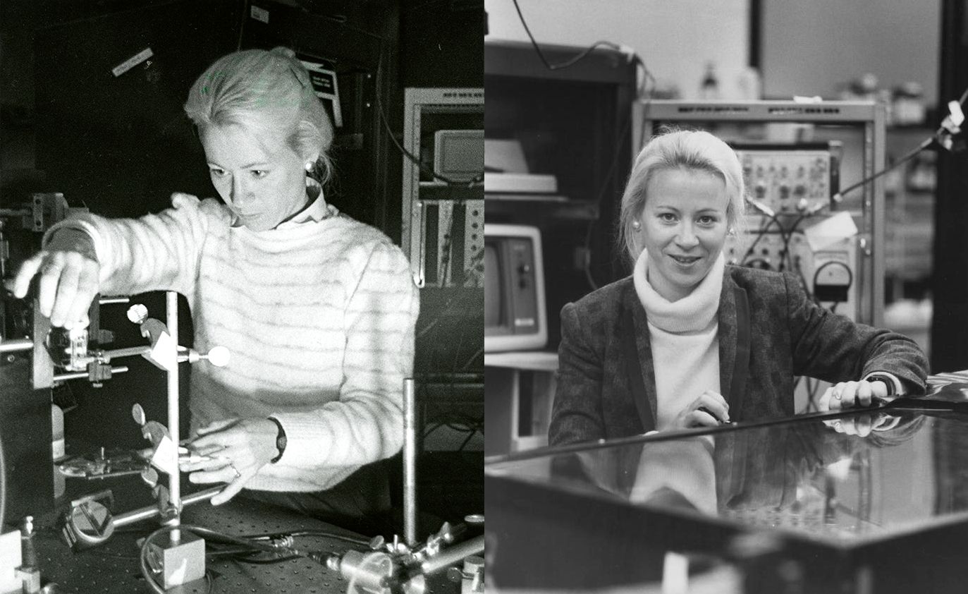 Two photos of Geri Richmond in her lab in the 1980s