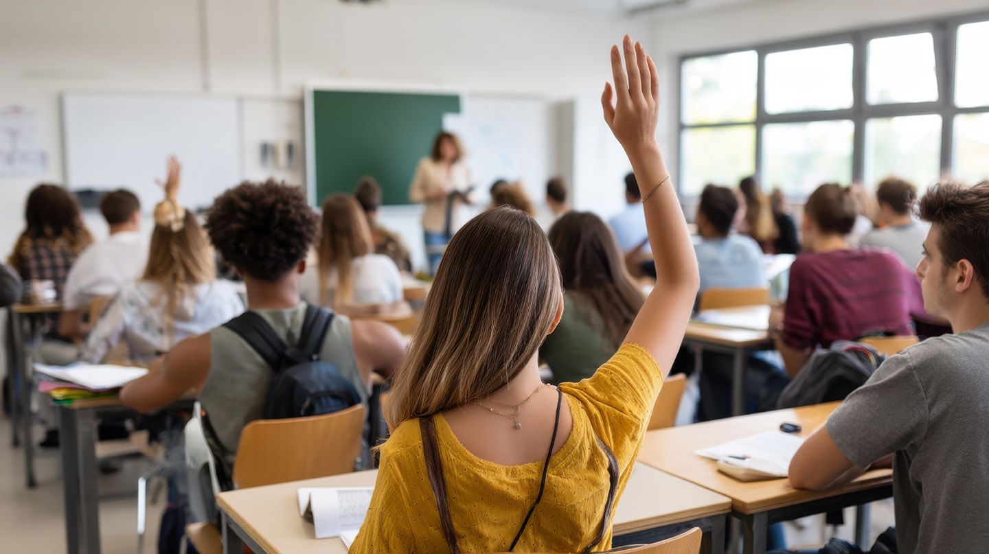 Students in a classroom, some with hands raised