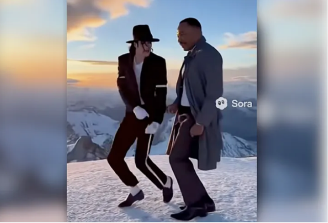 A still image taken from an AI-generated video of Michael Jackson and Martin Luther King Jr. dancing together