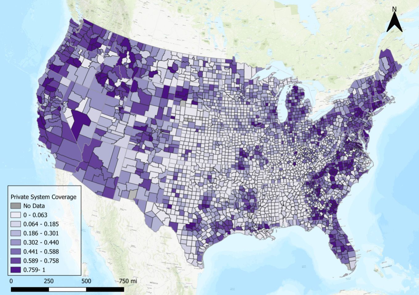 Map of US private drinking water systems by county