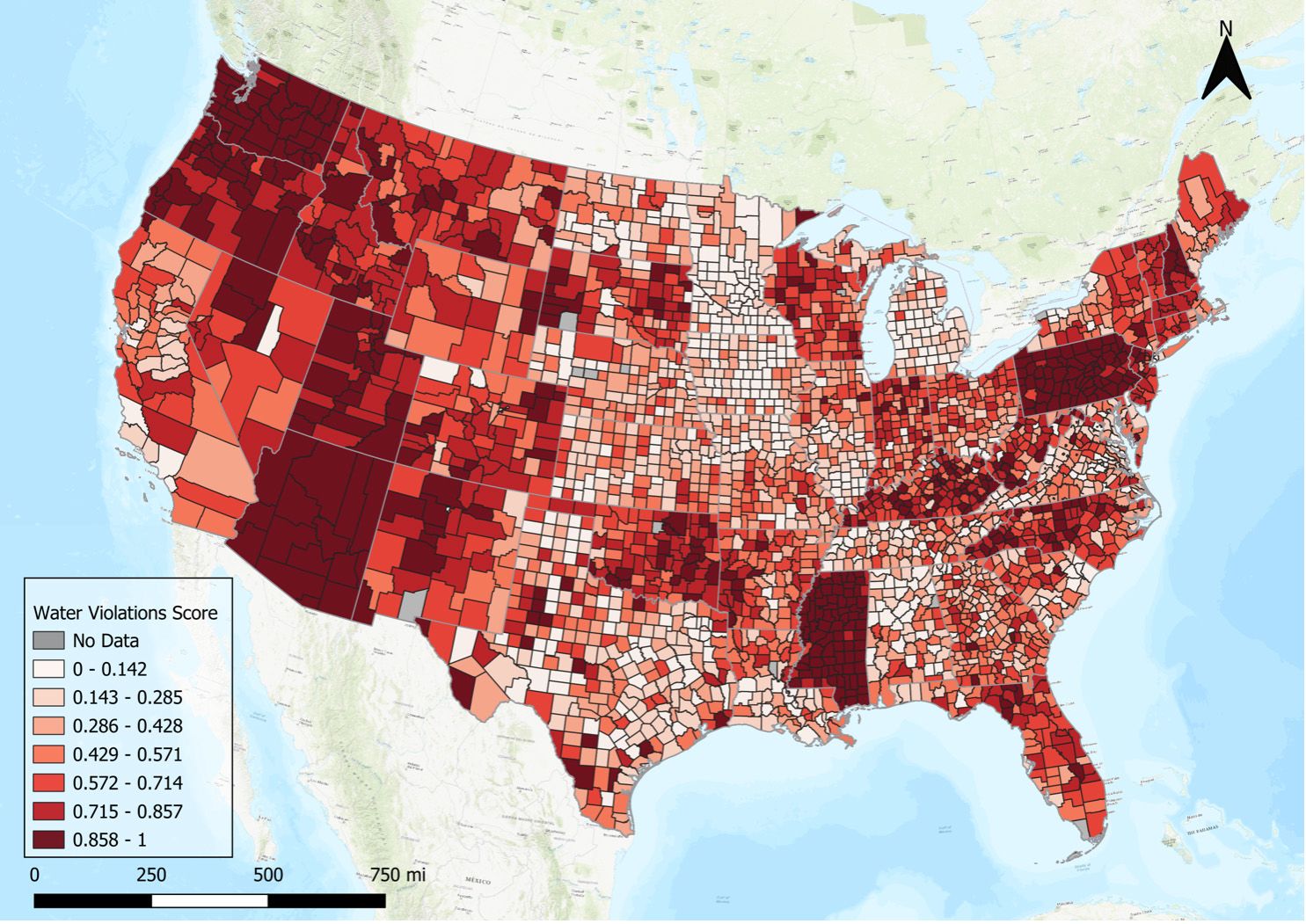 Map of US water violation scores by county