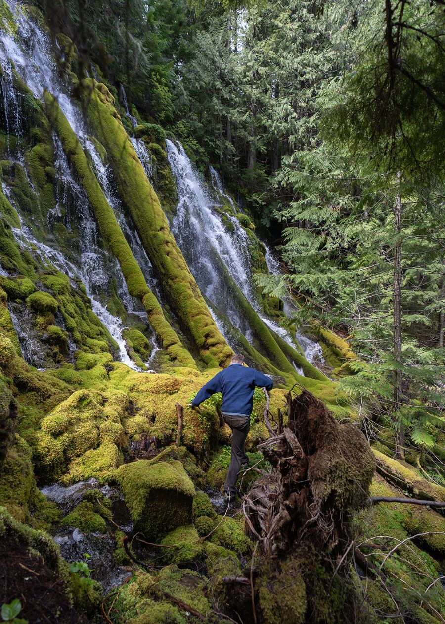 Leif Karlstorm climbs a moss covered rock next to a waterfall surrounded by trees