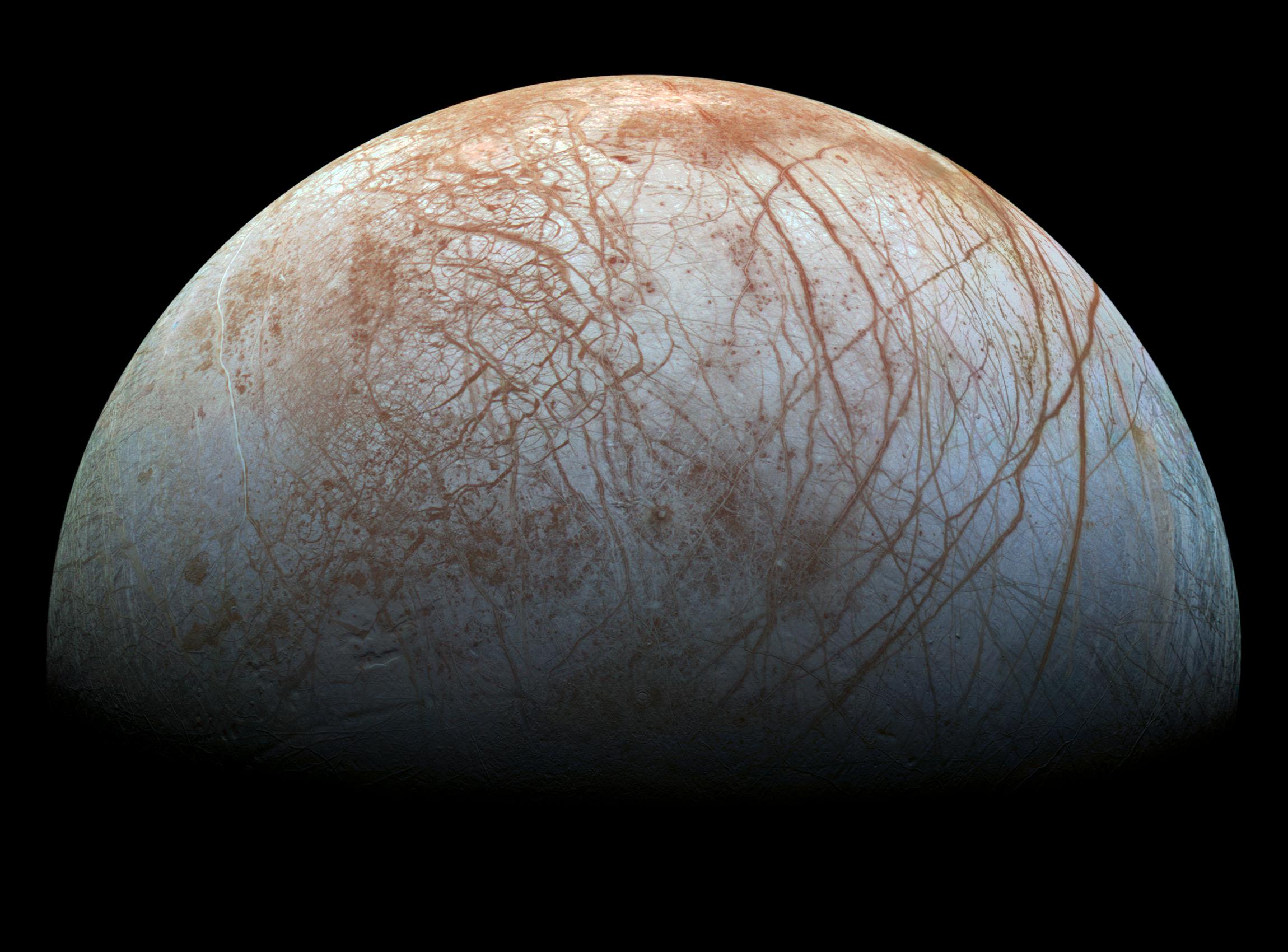 the surface of the moon Europa that is white and red