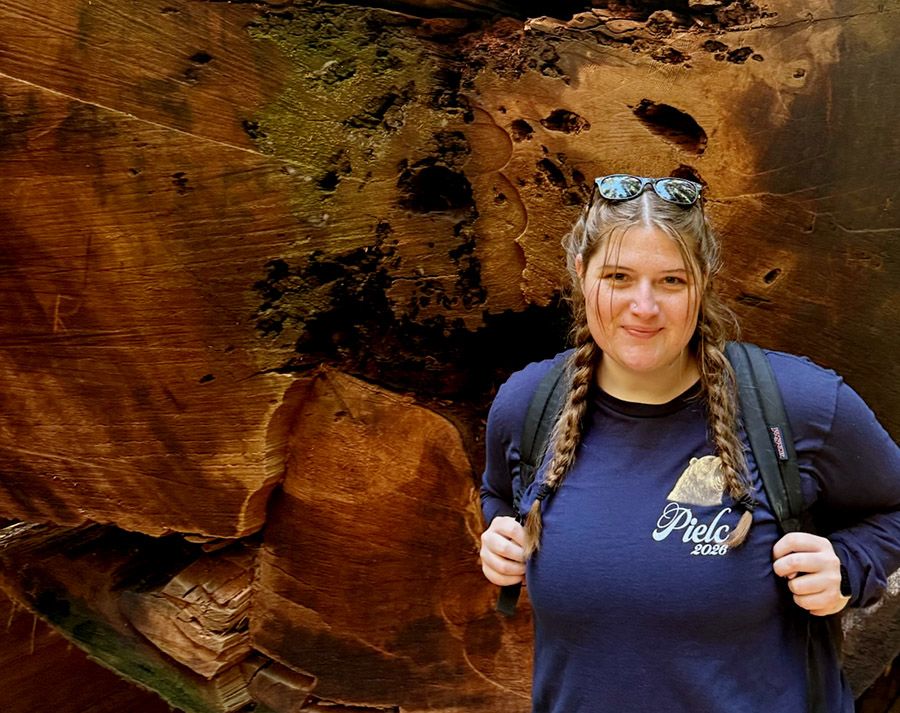 Person with backpack in front of large redwood stump
