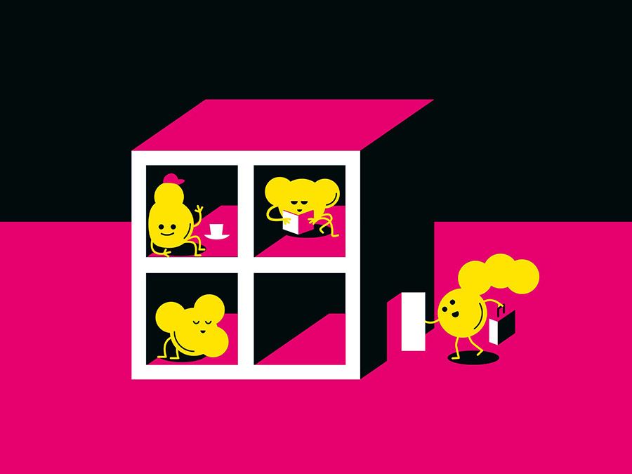 Illustration of molecules entering rooms in a cube