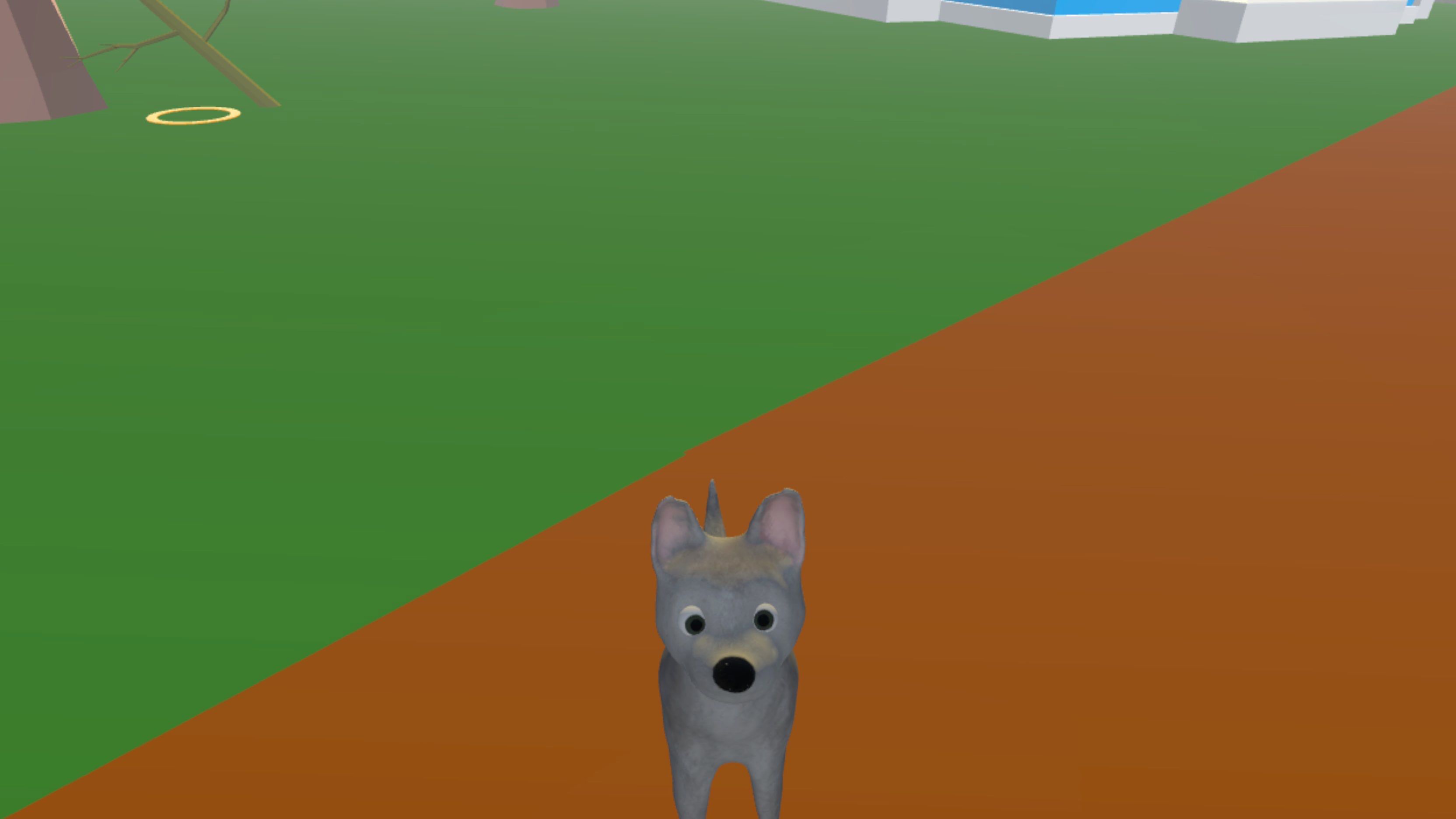 A dog video game character stands on a low-polygon dirt pathway