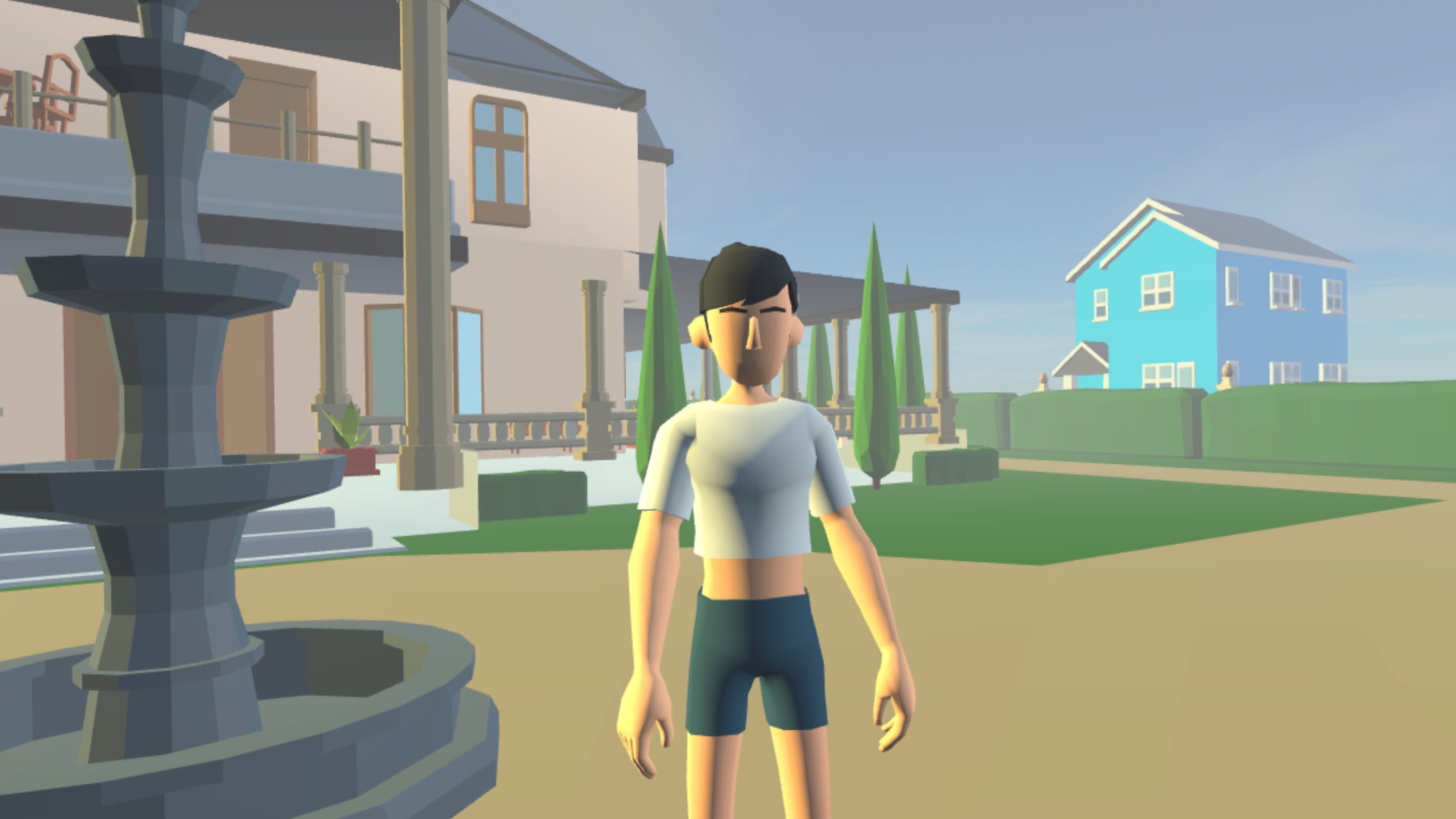 An adult-sized video game character with a ponytail stands in front of a large building and a fountain in a low-polygon suburban environment