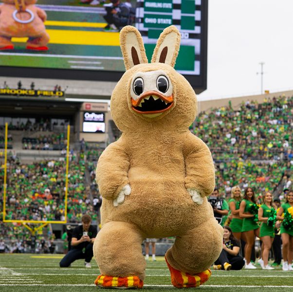 The Duck in a Labubu costume at Autzen Stadium