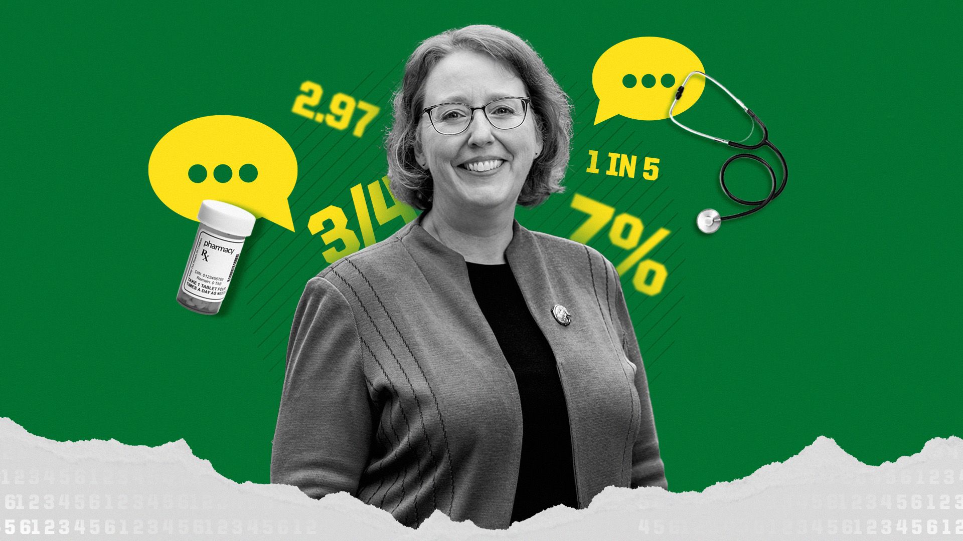 A black and white illustration of Ellen Peters in front of a green background, surrounded by yellow medical icons, statistical figures and conversation bubbles.